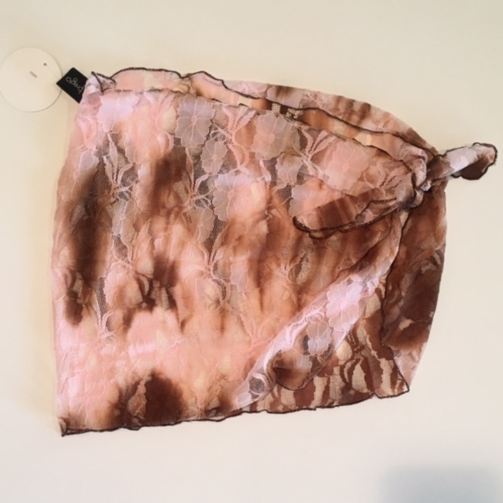 Lace Sarong OS Pink & Brown Swim Cover Up sheer Mesh Floral Sarong Wrap